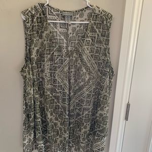 Olive, tan, black sleeveless tunic.